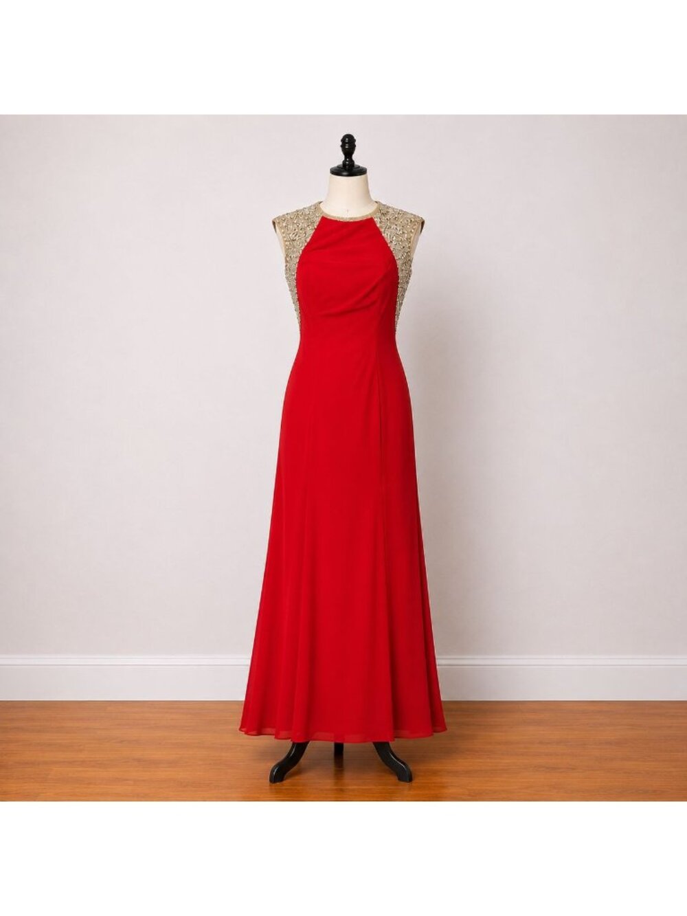 MSK Red Long Evening Gown Size 4 Sparkling Beaded Illusion Back & Sides Maxi